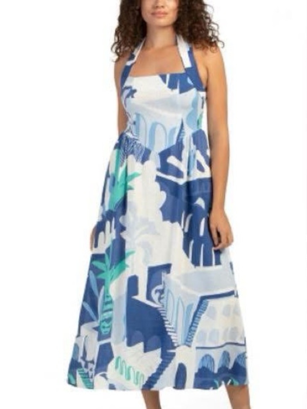 WHITE CLOSET ELEMENTS Blue & White Line Blend Printed Halter Maxi Dress